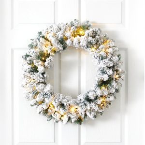 Christmas Wreaths & Garlands | 24" Flocked Artificial Christmas Wreath with 160 Bendable Branches and 35 Warm White LED Lights Christmas Wreaths & Garlands Christmas Wreaths & Garlands