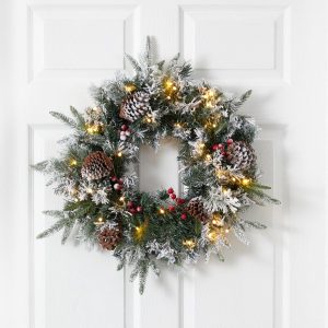 Christmas Wreaths & Garlands | 20" Flocked Artificial Christmas Wreath with 35 Warm White LED Lights Christmas Wreaths & Garlands Christmas Wreaths & Garlands