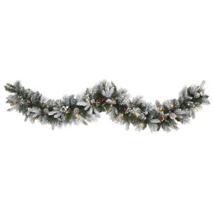 Christmas Wreaths & Garlands | 6' Flocked Mixed Pine Artificial Christmas Garland with 50 LED Lights, Pine Cones and Berries Artificial Garlands Artificial Garlands