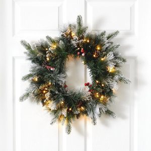 Christmas Wreaths & Garlands | 20" Flocked Mixed Pine Artificial Christmas Wreath with 50 LED Lights, Pine Cones and Berries Artificial Wreaths Artificial Wreaths