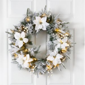 Christmas Wreaths & Garlands | 24" Flocked Poinsettia and Pine Artificial Christmas Wreath with 50 Warm White LED Lights Christmas Wreaths & Garlands Christmas Wreaths & Garlands