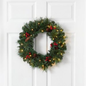 Christmas Wreaths & Garlands | 20" Frosted Pine Artificial Christmas Wreath with Pinecones, Berries and 35 Warm White LED Lights Christmas Wreaths & Garlands Christmas Wreaths & Garlands