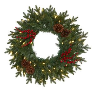 Christmas Wreaths & Garlands | 24" Green Pine Artificial Christmas Wreath with 50 Warm White LED Lights, Berries and Pine Cones Christmas Wreaths & Garlands Christmas Wreaths & Garlands