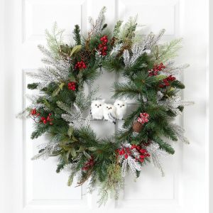 Christmas Wreaths & Garlands | 24" Holiday Winter Owl Family Pinecone Berry Christmas Artificial Wreath Christmas Wreaths & Garlands Christmas Wreaths & Garlands