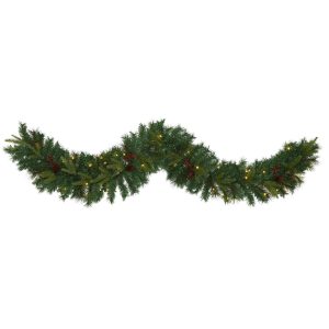 Christmas Wreaths & Garlands | 6' Mixed Pine Artificial Christmas Garland with 35 Clear LED Lights, Berries and Pinecones Artificial Garlands Artificial Garlands