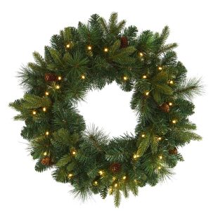 Christmas Wreaths & Garlands | 24" Mixed Pine Artificial Christmas Wreath with 35 Clear LED Lights and Pinecones Artificial Wreaths Artificial Wreaths