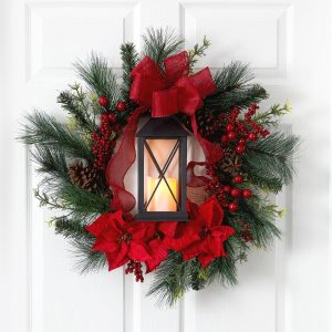 Christmas Wreaths & Garlands | 28" Poinsettia and Berry Holiday Lantern Christmas Wreath with LED Candle Christmas Wreaths & Garlands Christmas Wreaths & Garlands