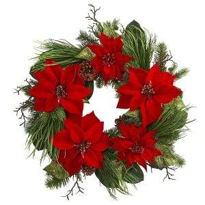 Christmas Wreaths & Garlands | 28" Poinsettia and Pine Wreath Artificial Wreaths Artificial Wreaths