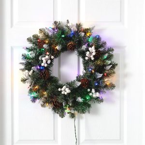 Christmas Wreaths & Garlands | 24" Snow Tipped Artificial Christmas Wreath with 50 Multicolored LED Lights, White Berries and Pine Cones Christmas Wreaths & Garlands Christmas Wreaths & Garlands