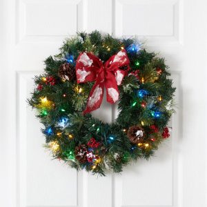 Christmas Wreaths & Garlands | 24" Snow Tipped Berry and Pinecone Artificial Wreath with Bow and 50 Multi-Colored LED Lights Christmas Wreaths & Garlands