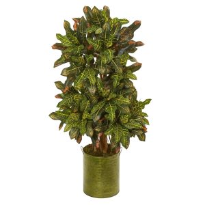 Croton Trees | 3.5' Croton Artificial Plant in Green Tin Planter Artificial Plants Croton Trees