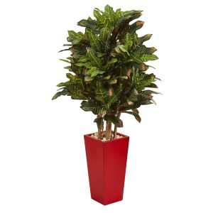 Croton Trees | 4' Croton Artificial Plant in Red Planter Artificial Plants Croton Trees