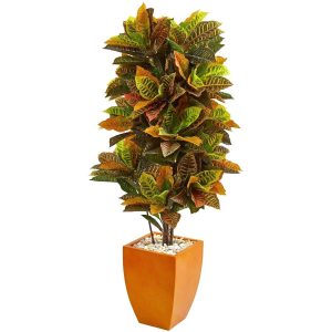 Croton Trees | 5.5' Croton Artificial Plant in Orange Planter (Real Touch) Artificial Plants Croton Trees