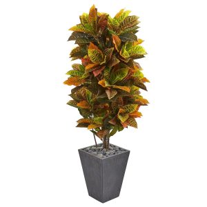 Croton Trees | 5.5' Croton Artificial Plant in Slate Planter (Real Touch) Artificial Plants Croton Trees