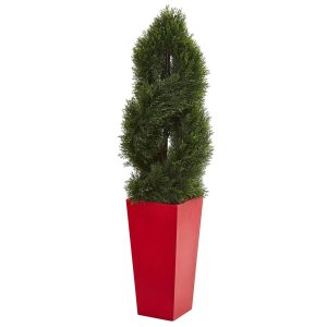 Cypress Trees | 4.5' Double Pond Cypress Spiral Artificial Tree in Red Planter (Indoor/Outdoor) Artificial Trees Cypress Trees