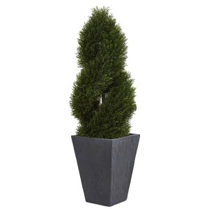 Cypress Trees | 4' Cypress Double Spiral Topiary Artificial Tree in Slate Planter(Indoor/Outdoor) Artificial Trees Cypress Trees