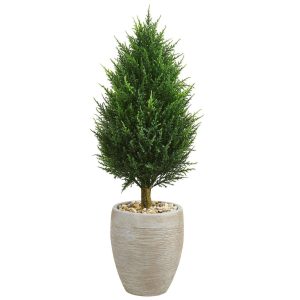 Cypress Trees | 40" Cypress Cone Artificial Tree in Sand Colored Oval Planter UV Resistant (Indoor/Outdoor) Artificial Trees Cypress Trees