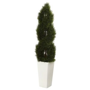 Cypress Trees | 5.5' Double Cypress Spiral Topiary Artificial Tree in White Planter (Indoor/Outdoor) Artificial Trees Cypress Trees