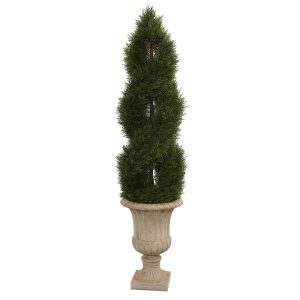 Cypress Trees | 5’ Double Pond Cypress Artificial Spiral Topiary Tree in Urn UV Resistant (Indoor/Outdoor) Artificial Trees Cypress Trees