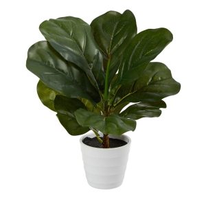 Desk Plants | 11" Fiddle Leaf Artificial Plant in White Planter (Real Touch) Artificial Plants Desk Plants