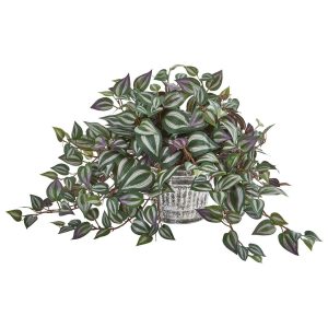 Desk Plants | 15" Wandering Jew Artificial Plant in Vintage Metal Hanging Planter Artificial Plants Desk Plants