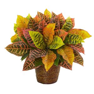 Desk Plants | 17" Garden Croton Artificial Plant in Basket (Real Touch) Artificial Plants Desk Plants