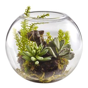 Desk Plants | 6.5" Mix Succulent Garden Glass Vase Artificial Plants Desk Plants