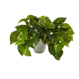 Desk Plants | 9" Pothos Artificial Plant in White Planter (Real Touch) Artificial Plants Desk Plants