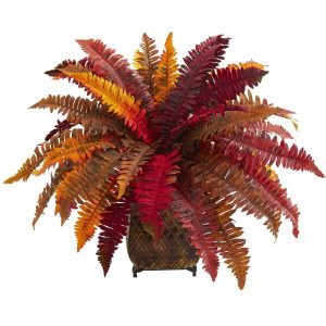 Desk Plants | Autumn Boston Fern Artificial Plant in Metal Planter Artificial Plants Desk Plants