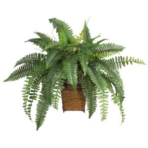 Desk Plants | Boston Fern w/Wood Wicker Basket Silk Plant Artificial Plants Desk Plants