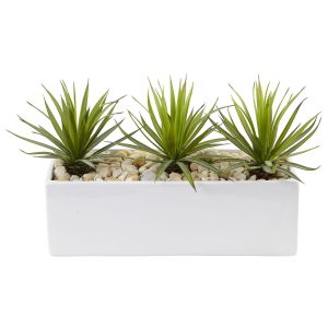 Desk Plants | Mini Agave in Rectangular Ceramic Artificial Plants Cactus