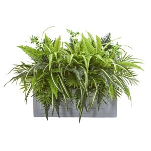 Desk Plants | Mixed Greens and Fern Artificial in Stone Planter Artificial Plants Desk Plants