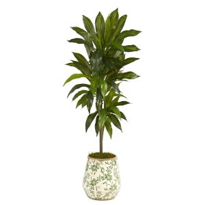 Dracaena Trees | 4' Dracaena Artificial Plant in Flower Print Planter (Real Touch) Artificial Plants Dracaena Trees