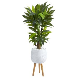 Dracaena Trees | 46" Corn Stalk Dracaena Artificial Plant in White Planter with Stand (Real Touch) Artificial Plants Dracaena Trees