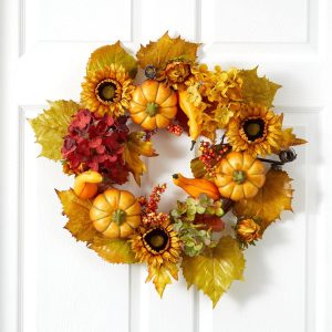 Fall Wreaths & Garlands | 22" Autumn Hydrangea, Pumpkin and Sunflower Artificial Fall Wreath Fall Wreaths & Garlands Fall Wreaths & Garlands