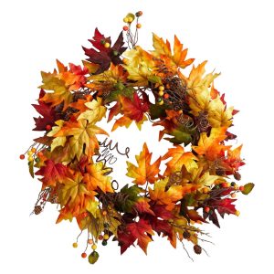 Fall Wreaths & Garlands | 24" Autumn Maple Leaf and Berries Artificial Fall Wreath with Twig Base Fall Wreaths & Garlands Fall Wreaths & Garlands