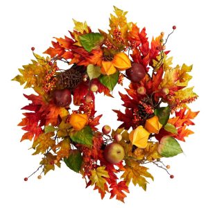 Fall Wreaths & Garlands | 24" Autumn Maple Leaf and Berries Fall Artificial Wreath Artificial Wreaths Artificial Wreaths