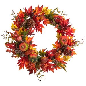 Fall Wreaths & Garlands | 32" Autumn Maple Leaf, Pumpkin and Berries Artificial Fall Wreath Fall Wreaths & Garlands Fall Wreaths & Garlands