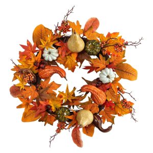 Fall Wreaths & Garlands | 24" Autumn Pumpkin, Gourd and Berries in Assorted Colors Artificial Fall Wreath Fall Wreaths & Garlands Fall Wreaths & Garlands