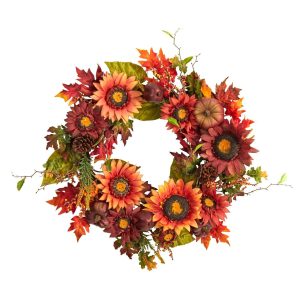 Fall Wreaths & Garlands | 24" Autumn Sunflower, Pumpkin, Pinecone and Berries Fall Artificial Wreat Fall Wreaths & Garlands Fall Wreaths & Garlands