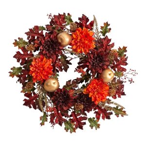 Fall Wreaths & Garlands | 24" Fall Dahlia, Golden Apple, Oak Leaf and Berries Autumn Artificial Wreath Fall Wreaths & Garlands Fall Wreaths & Garlands