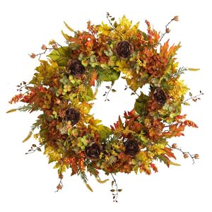 Fall Wreaths & Garlands | 32" Fall Hydrangea, Ranunculus and Maple Leaf Autumn Artificial Wreath Artificial Wreaths Artificial Wreaths