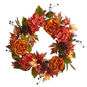 Fall Wreaths & Garlands | 25" Fall Ranunculus, Hydrangea and Berries Autumn Artificial Wreath Artificial Wreaths Artificial Wreaths