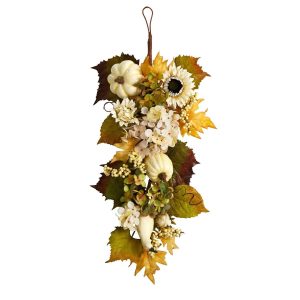 Fall Wreaths & Garlands | 33" Fall Sunflower, Hydrangea and White Pumpkin Artificial Autumn Teardrop Fall Wreaths & Garlands Fall Wreaths & Garlands