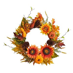 Fall Wreaths & Garlands | 24" Fall Sunflower, Pumpkin, Gourds, Pinecone and Berries Autumn Artificial Wreath Fall Wreaths & Garlands Fall Wreaths & Garlands