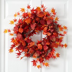 Fall Wreaths & Garlands | 22" Japanese Maple, Magnolia Leaf and Berries Artificial Wreath Artificial Wreaths Artificial Wreaths