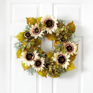 Fall Wreaths & Garlands | 24" White Sunflower and Hydrangea Artificial Autumn Wreath Fall Wreaths & Garlands Fall Wreaths & Garlands