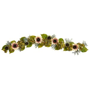 Fall Wreaths & Garlands | 5' White Sunflower and Hydrangea Artificial Garland Artificial Garlands Artificial Garlands