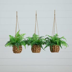 Ferns | 10" UV Resistant Artificial Boston Fern in Hanging Wicker Basket (Indoor/Outdoor) – Set of 3 Artificial Plants Ferns