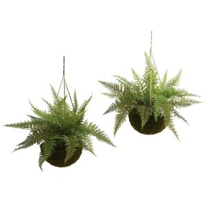 Ferns | 13" Leather Fern Hanging Basket Moss – Set of 2 + (Indoor/Outdoor) Artificial Plants Ferns